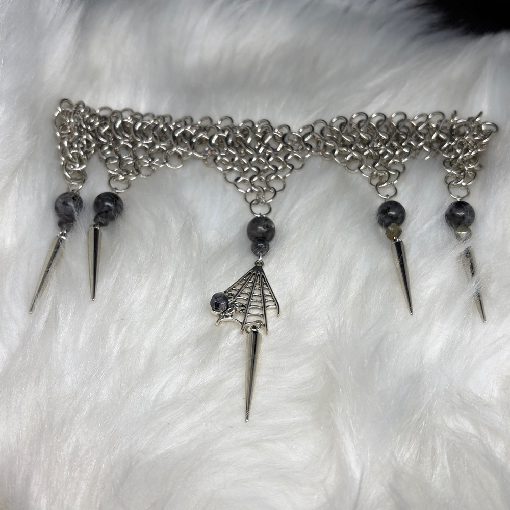 Handmade Madagascar Labradite Chain Mail Spiderweb Choker witchy luxe goth - Picture 3 of 8
